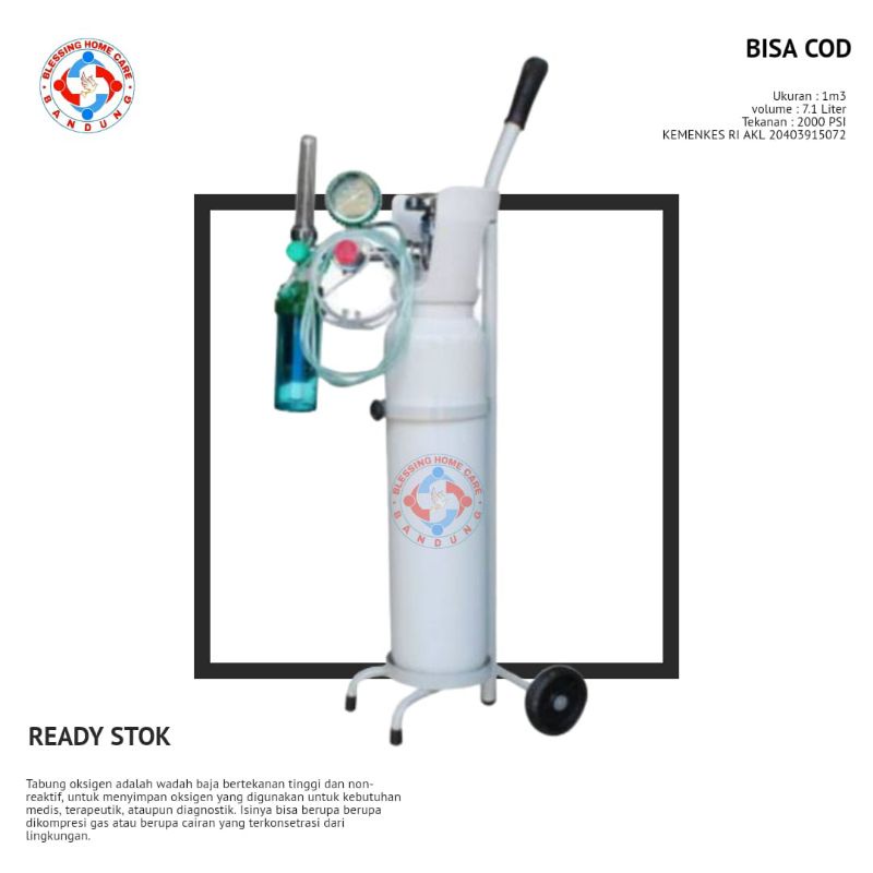 Tabung baru komplit 1m3 isi Oksigen + Regulator + selang pernafasan +Trolly (oksigen medis)