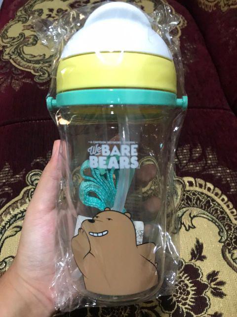 Miniso X We Bare Bears! 3wrn. We Bare Bears Water Bottle With Straw 400ml. Botol Minum Anak Wbb