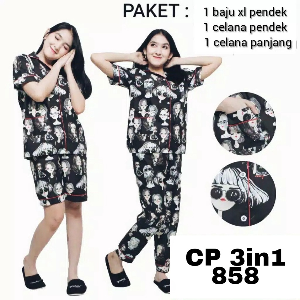 Baju tidur wanita dewasa 3 in 1 / Piyama wanita CP 3 in 1