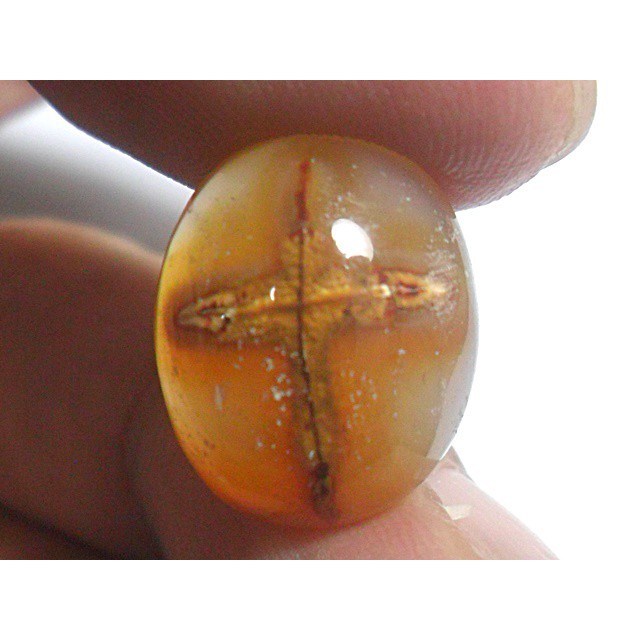 AG296 Oval Cabochon 14x11mm 8ct Natural Untreated Figure Golden Brown Cross Picture Agate