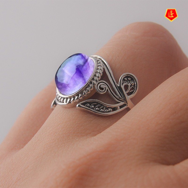 [Ready Stock]Retro Amethyst Ring Silver Diamond Elegant Niche Design