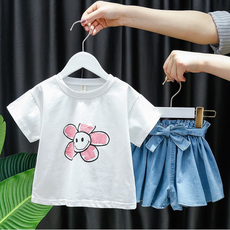 Promo !! Setelan baju anak cewek imut / setelan smile flower so full import ukuran 1tahun (putih)