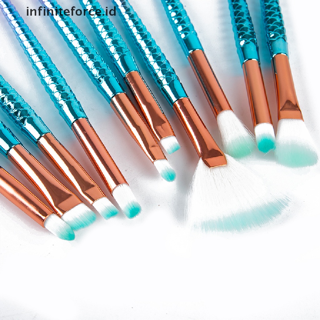 Infiniteforce.id 10pcs / Set Brush Foundation / Alis / Eyeliner Bentuk Mermaid Untuk Makeup / Kosmetik Wanita