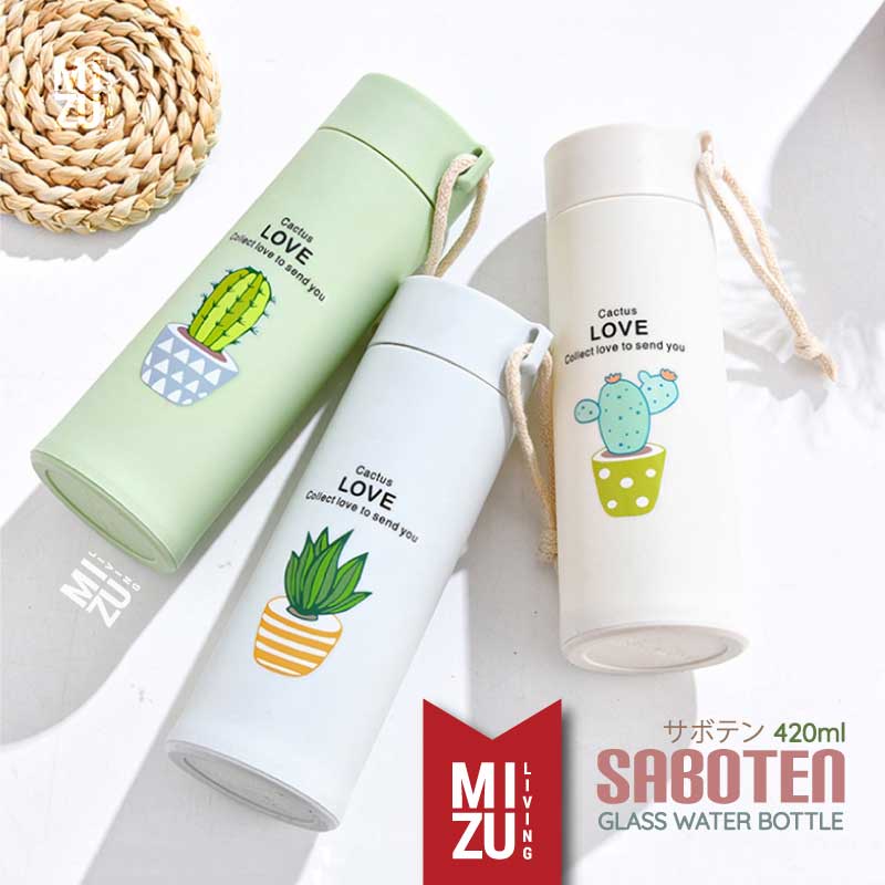 MIZU SABOTEN Glass Water Bottle Botol Air Minum Kaca BPA-Free Tumbler Kaktus