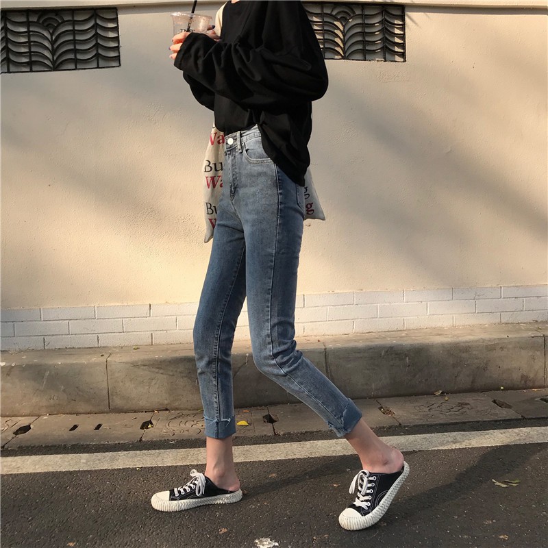 Celana Panjang Model High Waist Bahan Jeans Elastis Gaya Korea Untuk Wanita