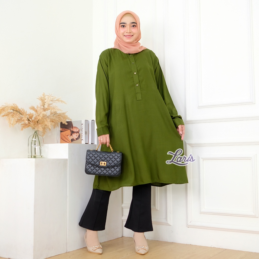 BIGSIZE | XXL 5L LD 120 140 Amora Tunik Karet Pinggang Rayon Twill Polos Bigsize Lengan Panjang Size Jumbo Busui Friendly Original SAZRA