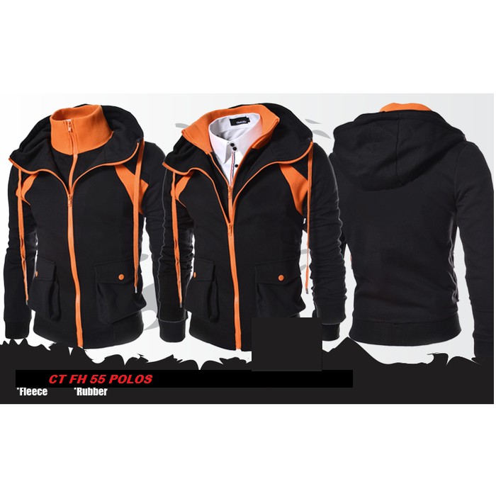 JAKET POLOS HITAM ORANGE DOUBLE ZIPPER ANIME JACKET HOODIE - CT FH 55