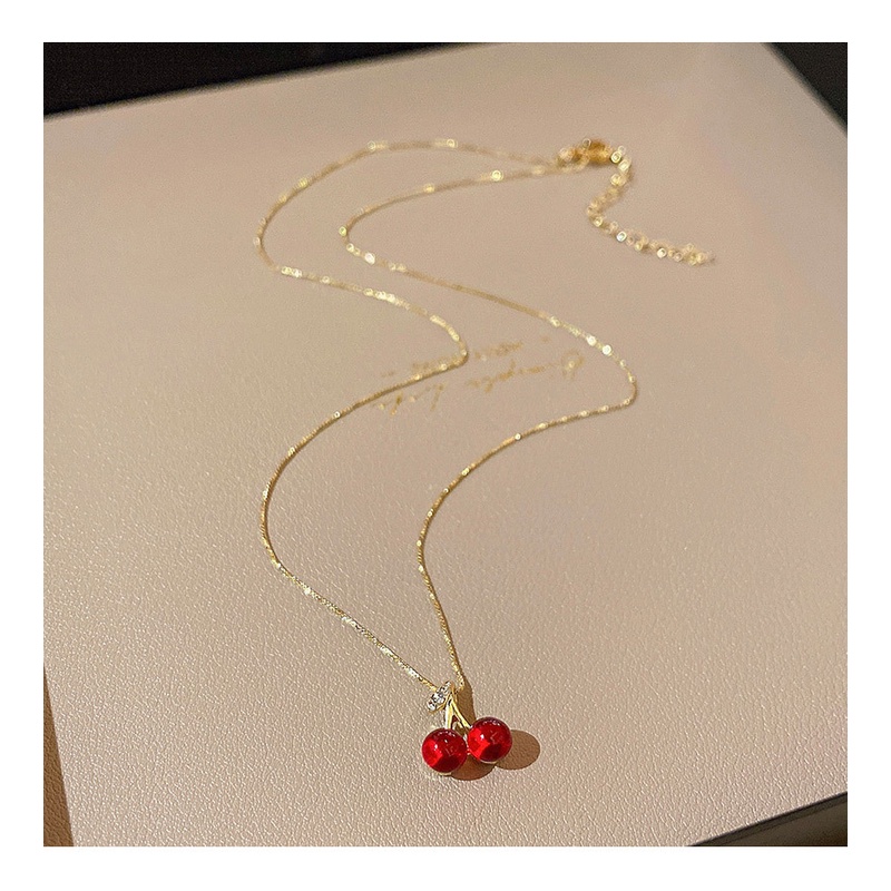 Kalung Rantai Klavikula Desain Cherry Warna Merah Gaya Korea Untuk Wanita