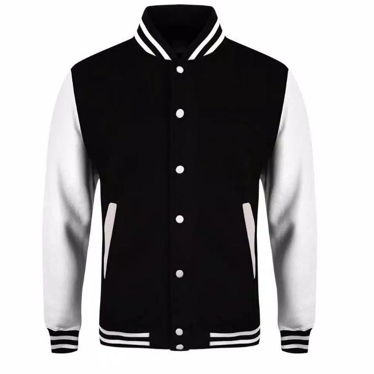 Readystock Jaket Baseball Polos Varsity kancing Hitam Lengan Putih 06 |  Shopee Indonesia