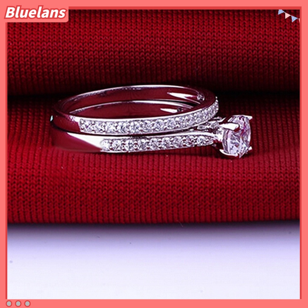 Bluelans 2Pcs Ring Shiny Cubic Zirconia Plated Silver Romantic Couple Finger Ring