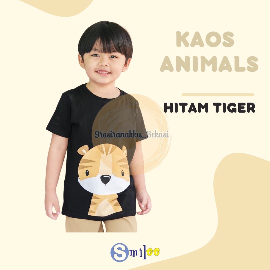 Kaos Anak Cowok Smilee Murah Animal Hitam Tiger Size 1-5Thn