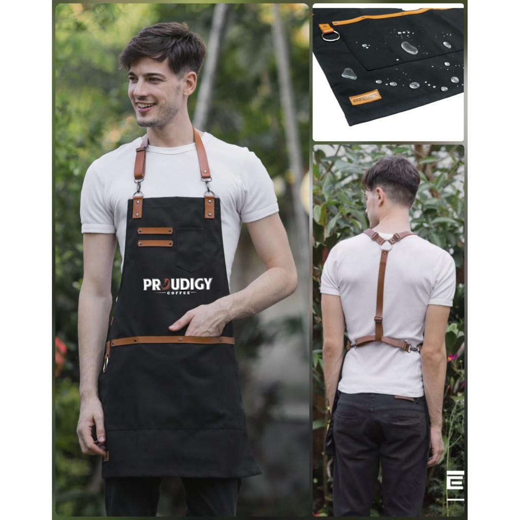 apron barista celemek cafe kanvas waterproof 100 % &amp; synthetic leather Y strep include bordir logo