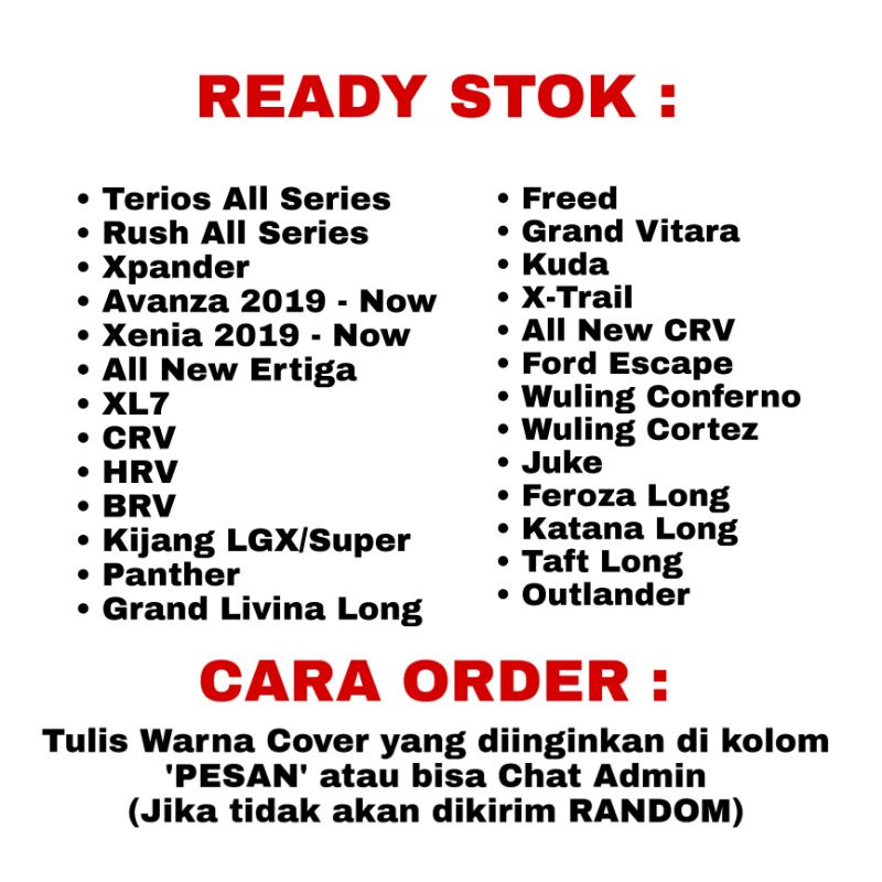 Cover Sarung Mobil Terios, Rush, Xpander, Ertiga, XL7, HRV, BRV, CRV, Kijang, Panther