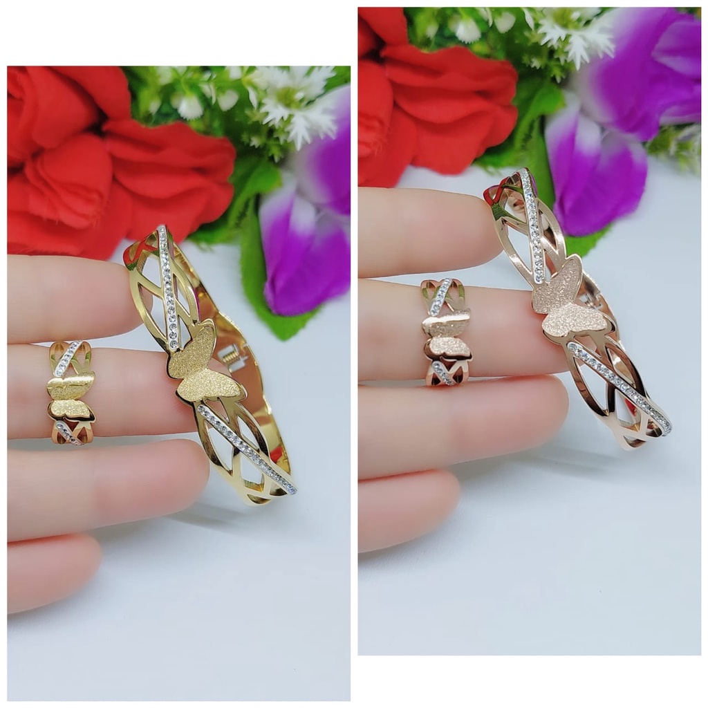 Set titanium gelang,cincin dan anting perhiasan wanita 0082