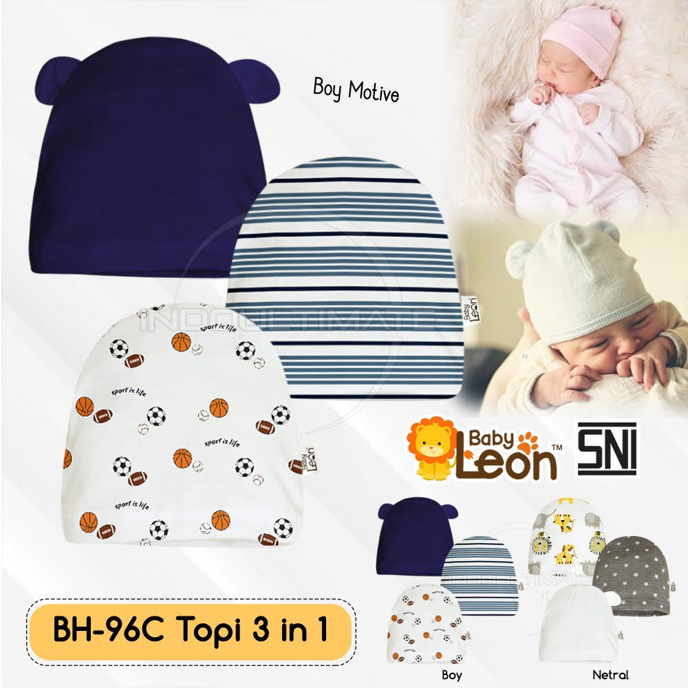 3 Pcs Topi Anak BH-96C BABY LEON 100% COTTON Baby Hat New Born Perlengkapan Kepala Bayi