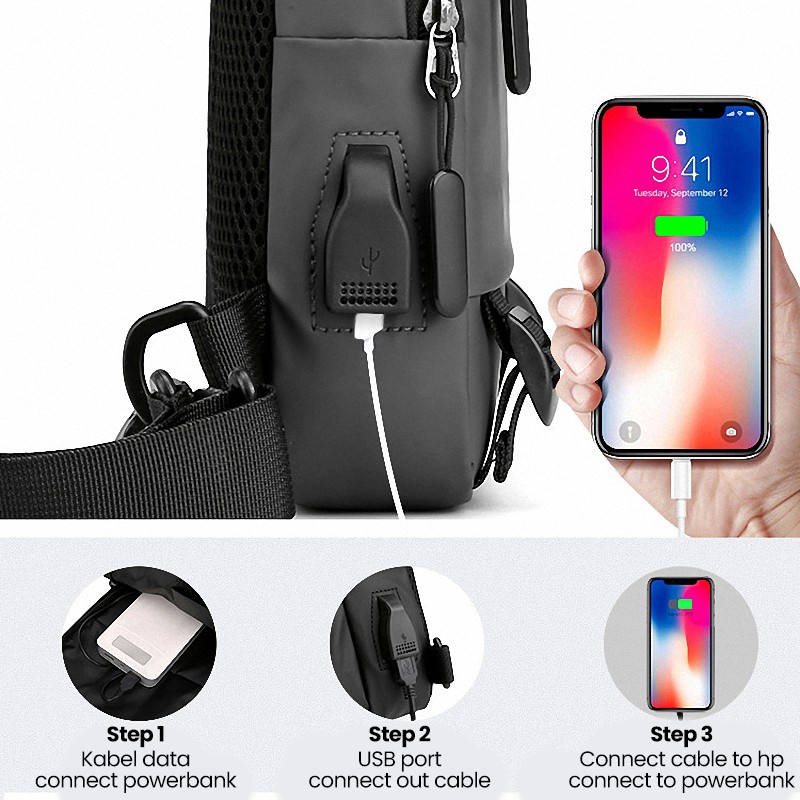 Highland Tas Selempang Pria Casual Slingbag Pria Trendy USB Charge Tas Slempang Cowok TS706