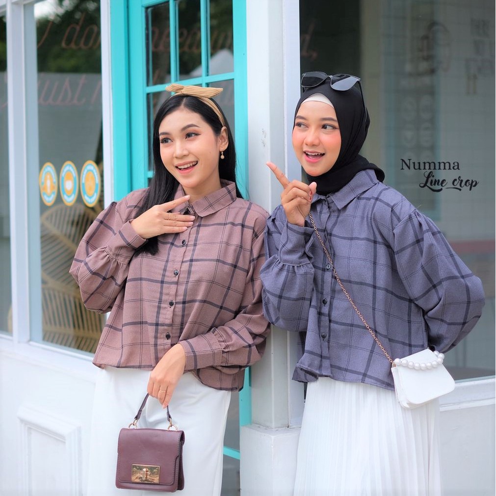 KEMEJA CROP KOTAK KOTAK OVERSIZE KEMEJA WANITA MOTIF TARTAN OVERSIZE KEMEJA CROP TARTAN LENGAN BALON