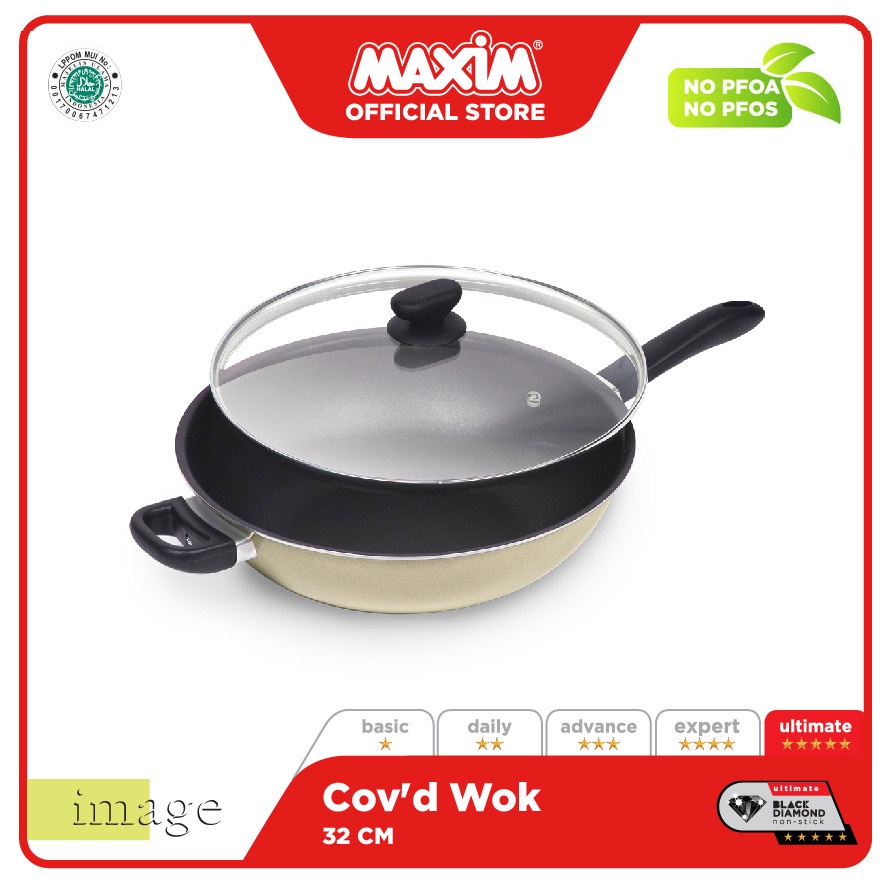 Maxim Image Wajan Penggorengan Teflon Anti Lengket 32cm Wok + Tutup Kaca