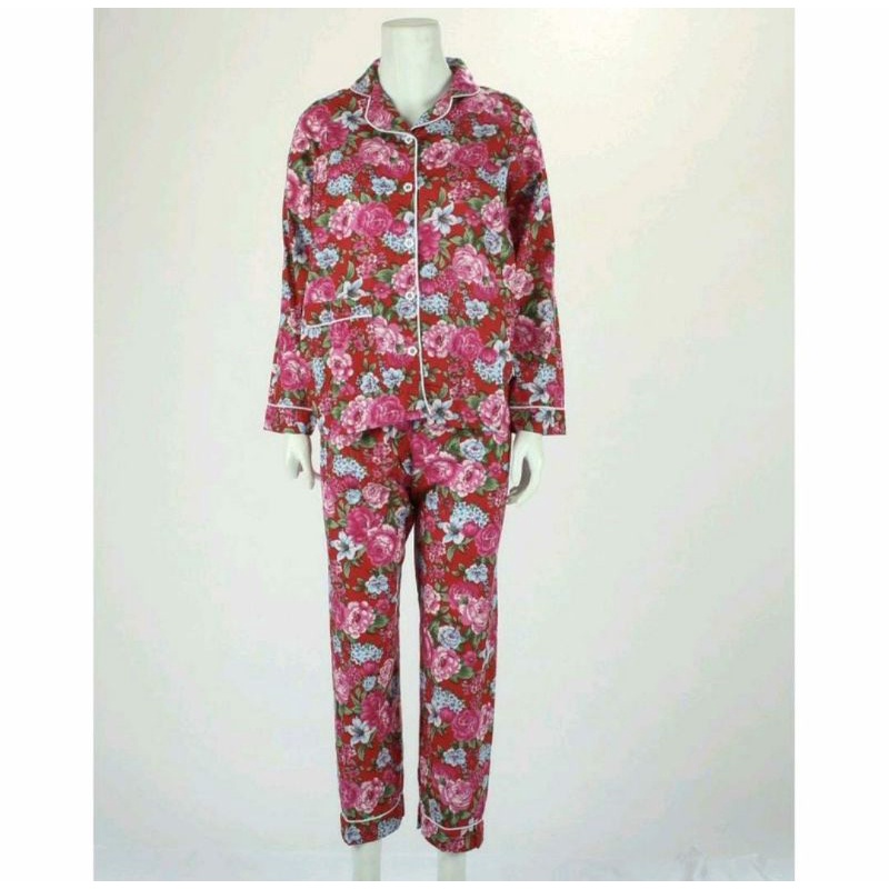 Baju Tidur Set Piyama Lengan Panjang Dewasa Celana Panjang Katun Jepang Motif Flower Rose Fit to L