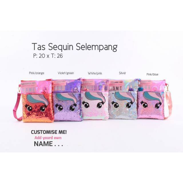 TAS SEQUIN SELEMPANG UNICORN BERUBAH WARNA TULIS NAMA