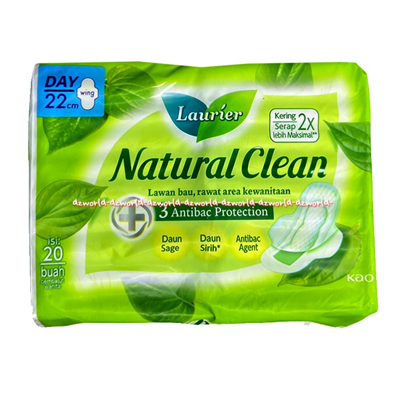 Laurier Natural Clean 20pcs Antibac Protection Pembalut Wanita Wing Lawan Bau Area Kewanitaan 22cm Daun Sirih