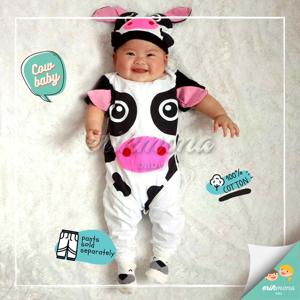 Ermon Baby - Jumper Bayi Laki Laki Perempuan Jumper Baby Cowok Cewek Lucu Karakter Sapi + Topi Usia 0 - 12 Bulan