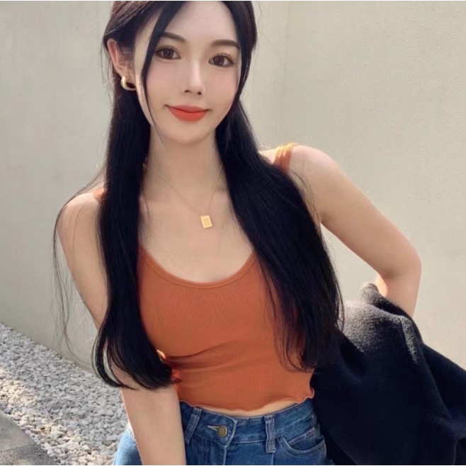 Feminin Bra Sport Yoga Tank Top Atasan Wanita Dengan Tali Trap tanktop korea kekinian-Merah Bata