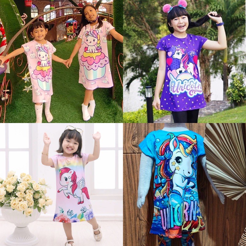 DRESS UNICORN, DRESS SCUBA PRINTING, HOMEDRESS,BAJU ANAK CEWEK,BAJU ANAK LUCU