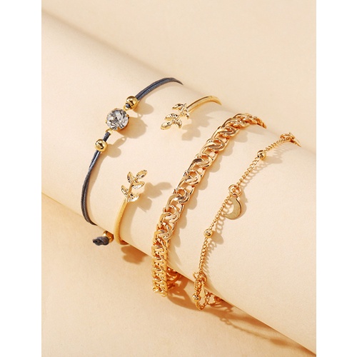 LRC Gelang Set Fashion Golden Diamond Leaf Moon Thick Chain Alloy Bracelet Set K65231