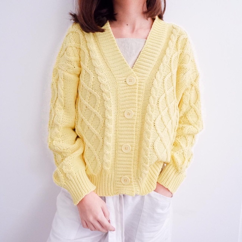 Vintage House Cross Crop Cardi (Cardigan Rajut Cable Wanita Korea / Korean Cardigan)-Yellow