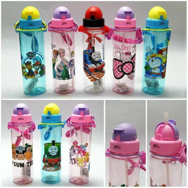 (1002) Botol Minum Anak Slim 550 ml Karakter BPA Free + Sedotan + Tali Panjang