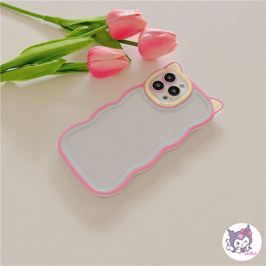 Compatible For iPhone 14 13 12 11 Pro Max SE2020 X XR Xs Max 7 8 6 6s Plus Case Cute Candy Color Cat Ears Wavy Edge Phone Case Soft Protection Cover