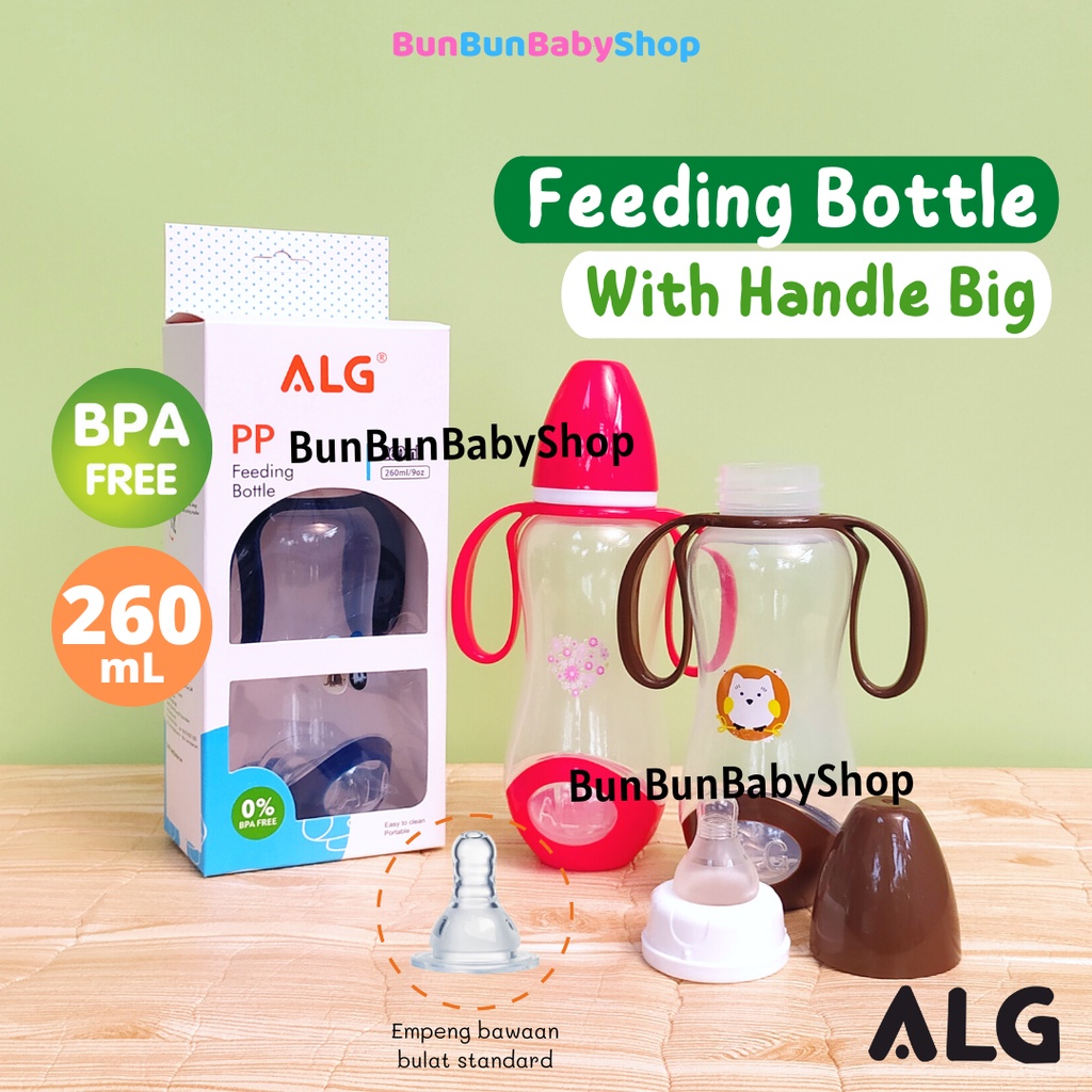 BPA FREE ALG Botol Susu Balita Pegangan Wide Neck 260ml Feeding Bottle With Handle Dot Anak Leher Lebar Perlengkapan Makan Bayi Baru Lahir Peralatan Baby Newborn Murah ANTI PECAH Bunbunbabyshop