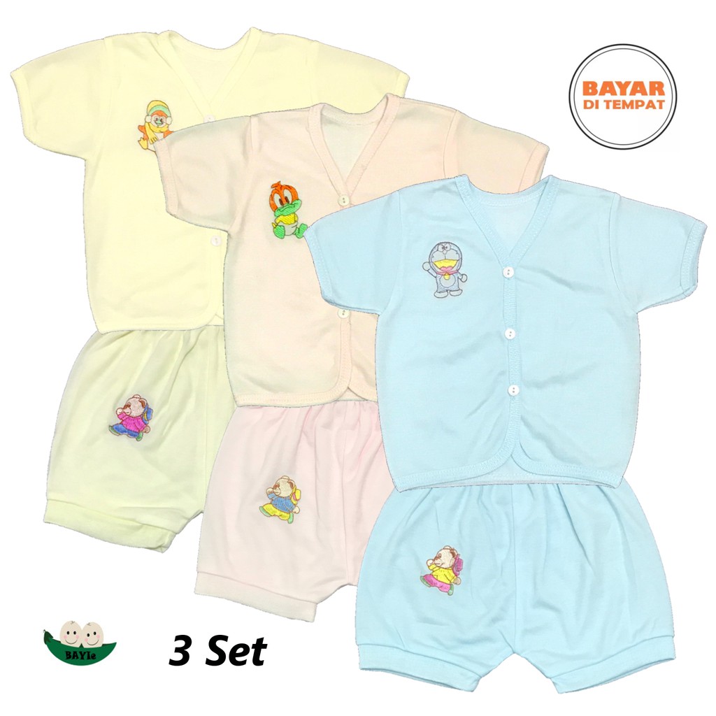 BAYIe - 3 SET Setelan Baju Bayi Pendek+Celana Pendek Warna LILY PREMIUM Bahan TC tebal 0-3 bulan