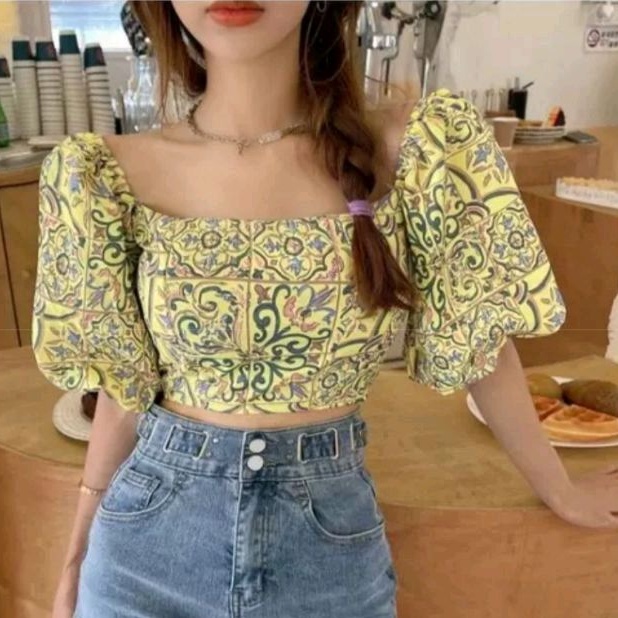 7592 Baju atasan Cropped BOHO crop krop top smock kerah kotak Sabrina ala Korea Korean style cewek i