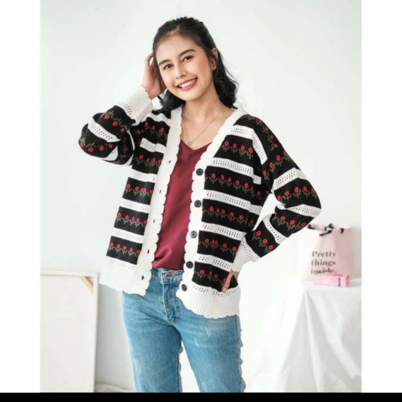 Cardigan Flowers Button / Kardigan Bunga Rajut / Atasan Wanita / Kardigan Wanita Rajut