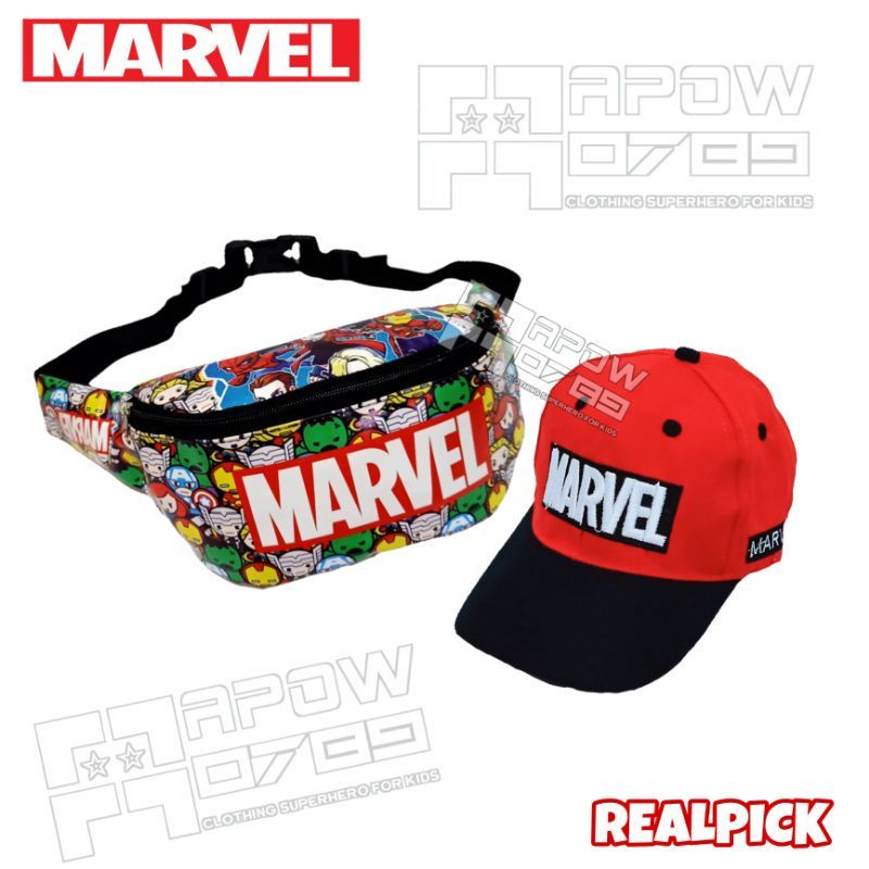 Paket Murah 2in1 Tas Waistbag anak Marvel/Bonus topi Bordir