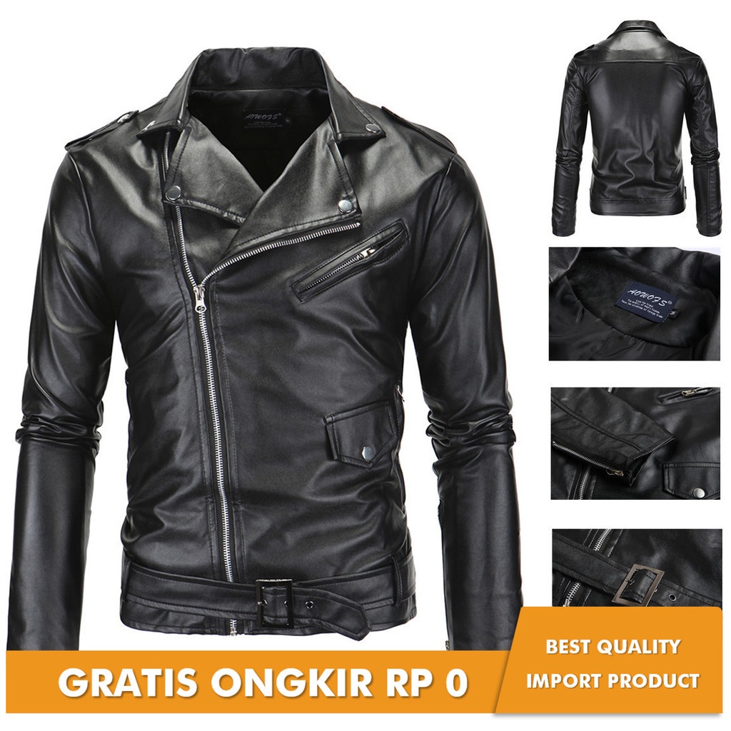 Jaket Kulit Pria 2018 men's motorcycle slim fitting leather jacket vertical collar cutting diagonal 