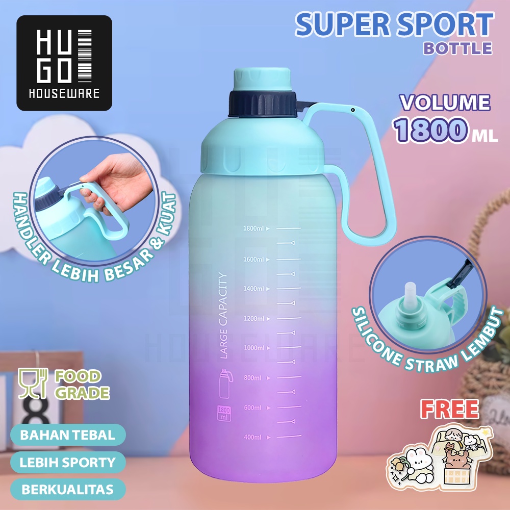 HUGO Botol Minum Jumbo Sporty Gradasi 1800 ml Botol Minum Viral Pelangi Free Sticker