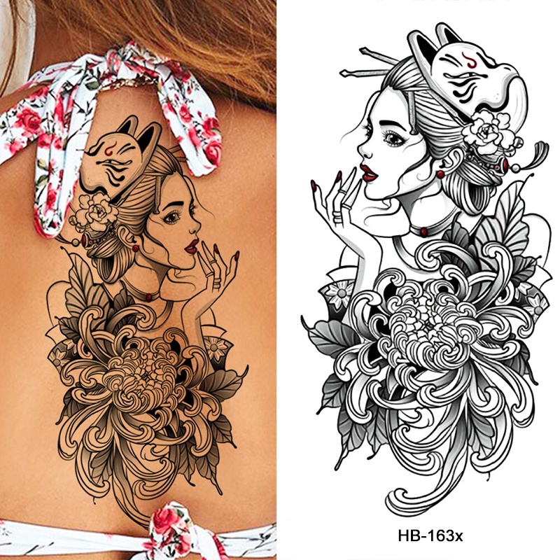 【BTI】Warna Sementara Tato Palsu Karakter Tahan Air Stiker Tato Bunga Kecantikan Geisha Hitam