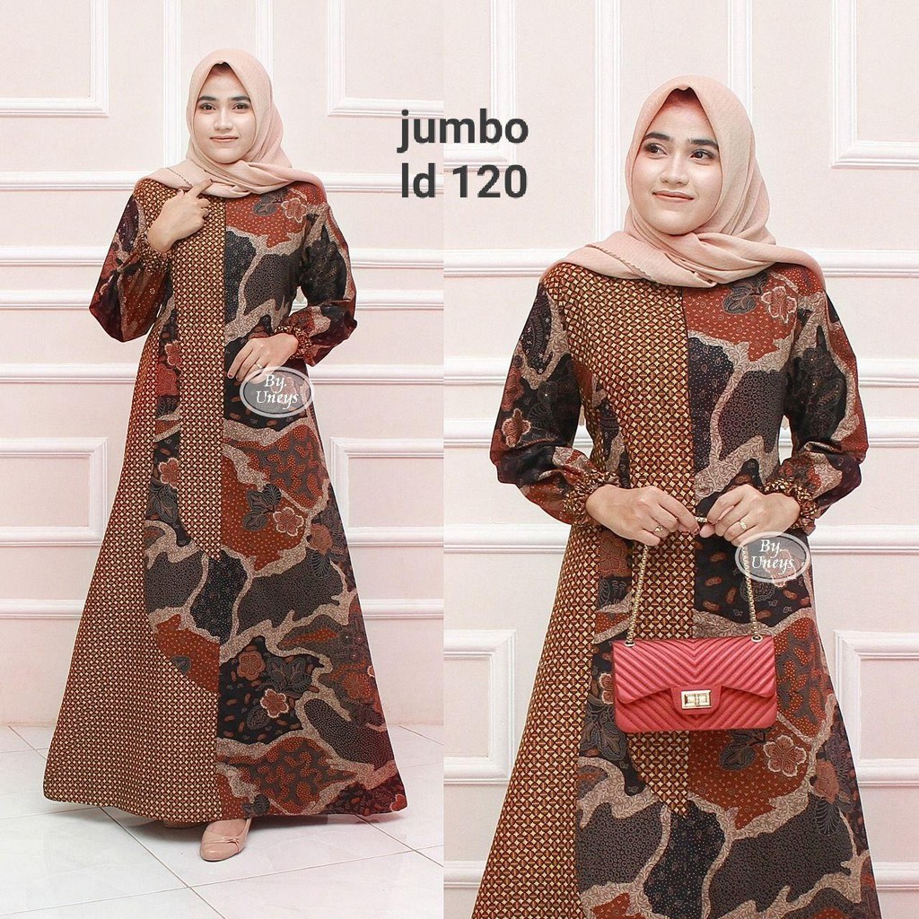 Gamis Batik Jumbo LD 110 Dan LD 120 Bahan Katun Motiv Terbaru Bisa Cod