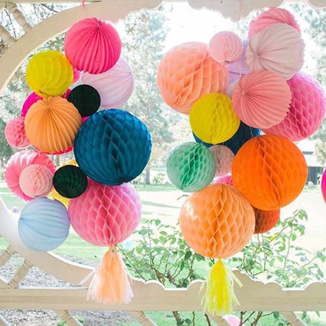 Honeycomb 30cm - sarang madu 30cm - honeycomb kertas krep - lampion kertas warna - lampion bulat dengan tassel