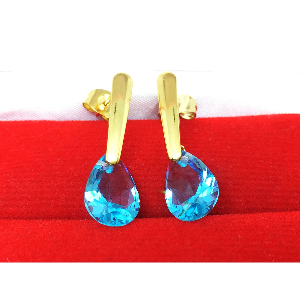 Anting Stainless Steel Lapis Emas 18k Gold Batu Biru Teardrop - BE124B