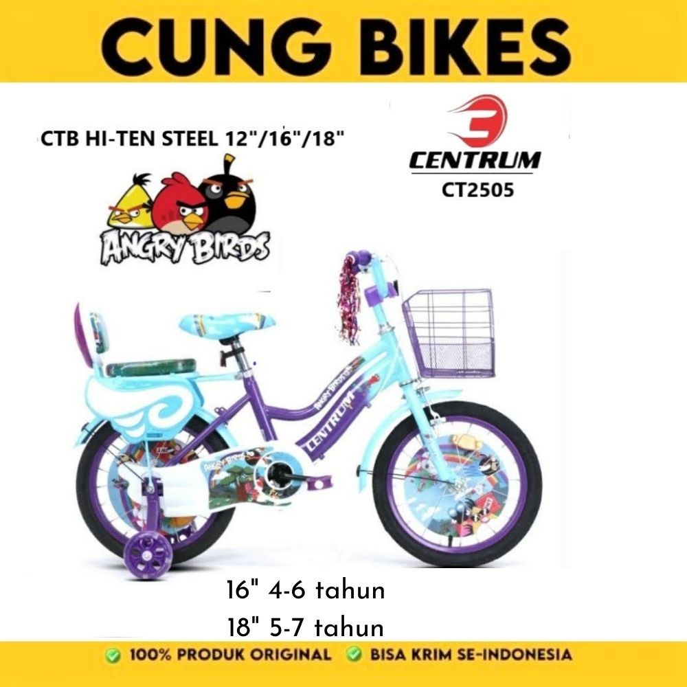 Sepeda Anak Mini Centrum 16 18 Inch (usia 4-8 tahun) ANGRY BIRD Unicorn kuda Pony Keranjang besi