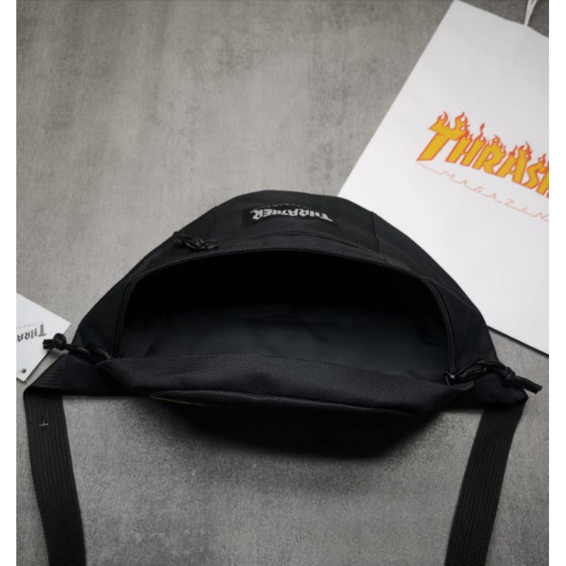 Waistbag Thrasher Flame Logo Waist Bag Black With paperbag tas pinggang pria dan wanita bonus paperbag