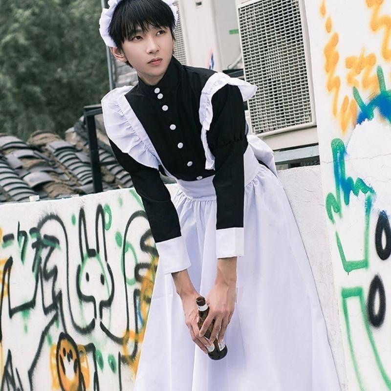 【Wetrose】Pria Wanita Memakai Cosplay Lucu Jepang Lolita Anime Pembantu Loli Hitam Panjang Gaun Kostum Maid Costume Suit