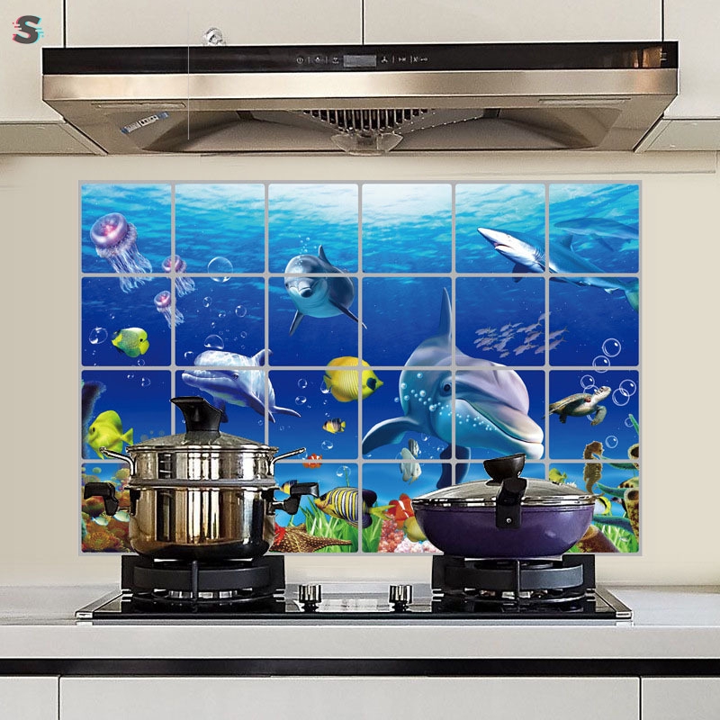 60x90cm Waterproof Aluminum Foil Wall Sticker Tiled Kitchen Bathroom Sea World Wall Home Decor Accessories Shopee Indonesia
