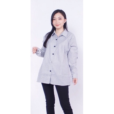 Kemeja Wanita Basic Trendy Lengan Panjang Salur Premium/ Atasan Wanita-Hitam