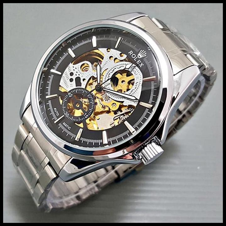 CUCI GUDANG JAM TANGAN PRIA / COWOK ROLEX SKELETON BIG SIZE GEAR RANTAI SILVER 