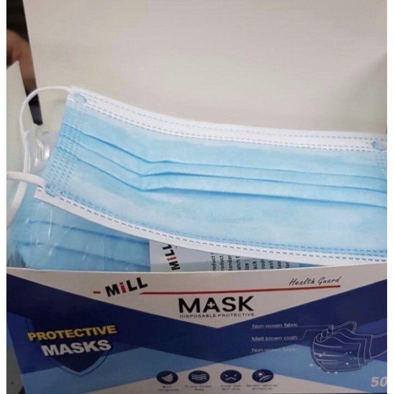 Masker RS MILL Karet Earloop Biru - Masker Dokter Mulut 3 ply 1 box isi 50 pcs Masker Mulut